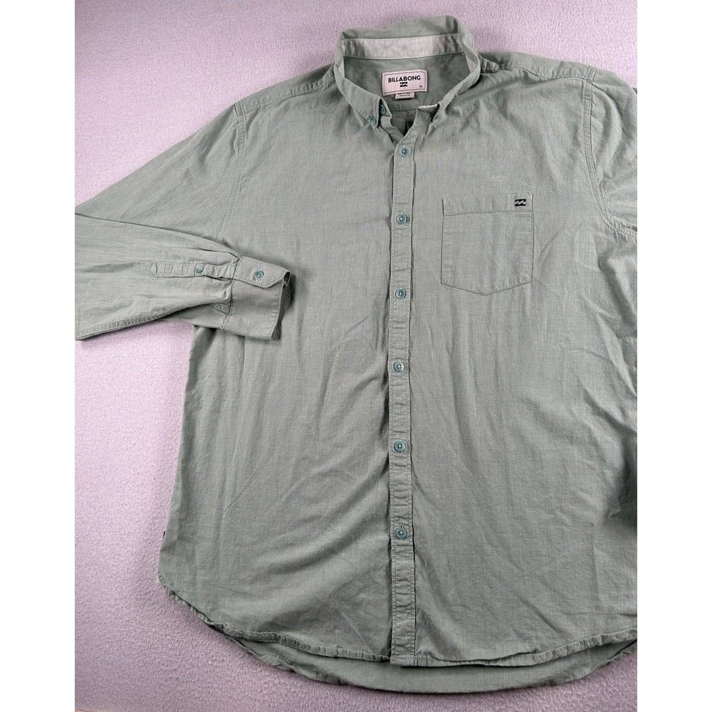 Billabong Mens Long Sleeve Button Down Shirt Green XL Cotton